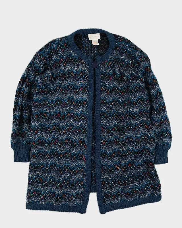 Blue Patterned Long Knitted Cardigan - L Elegant Classic Vintage