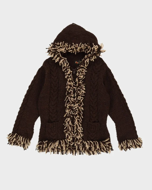 Brown Fringed Wool Knitted Cardigan - M Terry Blend Velvet Blend Canvas Blend
