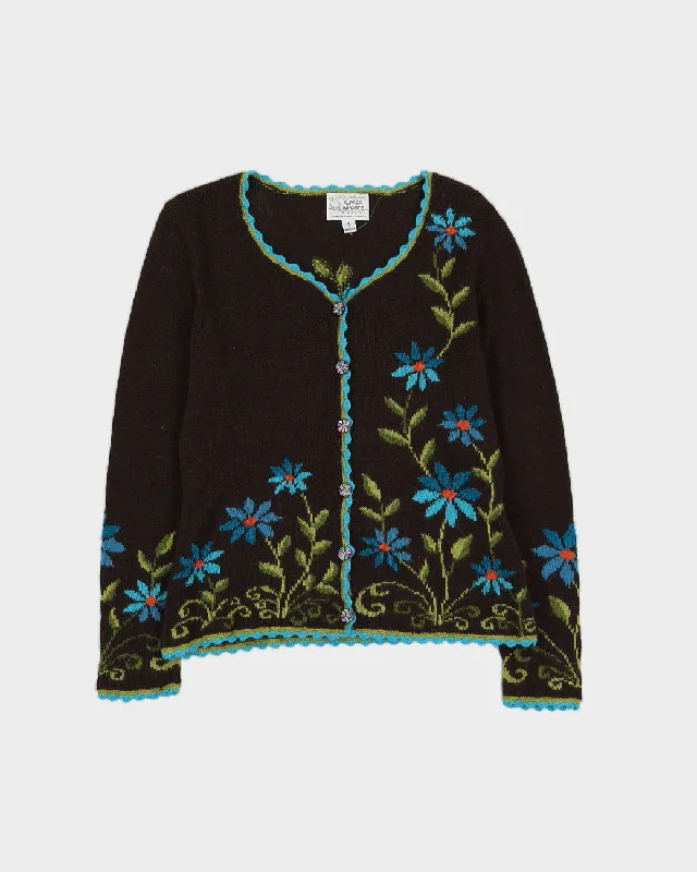 Brown With Blue Flowers Hand Made Cardigan - S Layered Multi-layer Single Layer