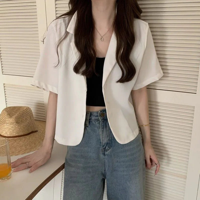 Chic White Cropped Blazer With Short Sleeves For Women Women's Designer Suit