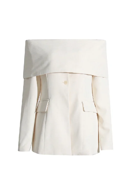 Elegant Foldover Collar Off Shoulder Long Sleeve Cinch Waist Blazer Women's Business Blazer