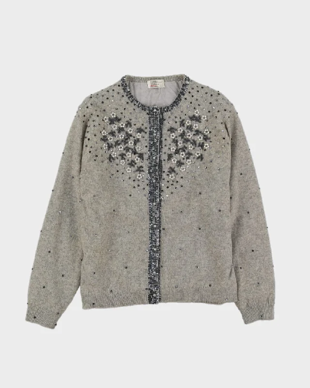 Grey Beaded Knitted Cardigan - M Satin Blend Silk Blend Wool Blend