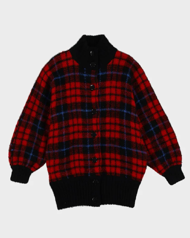 Red Tartan Patterned Knitted Cardigan - L Cashmere Blend Cotton Blend Poly Blend