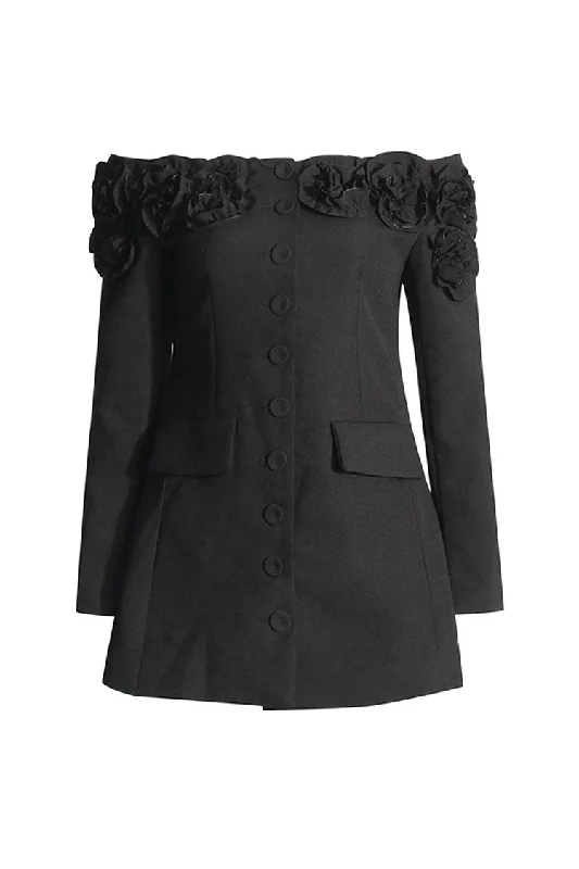 Romantic Rosette Off Shoulder Long Sleeve Single Breasted Cinch Waist Blazer Women's Luxury Jacket