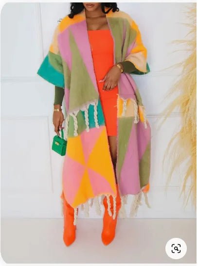 African-inspired Plus Size Casual Print Fringe Cardigans: Stylish Ankle Length Outwear for Winter Stretchy Elastic Breathable