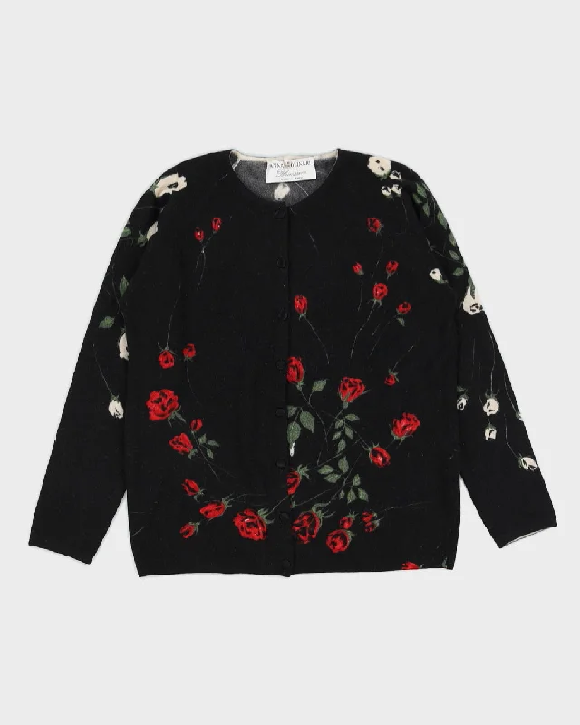 Vintage 1990s Black Button Up Cardigan with Roses - M Soft Cozy Warm