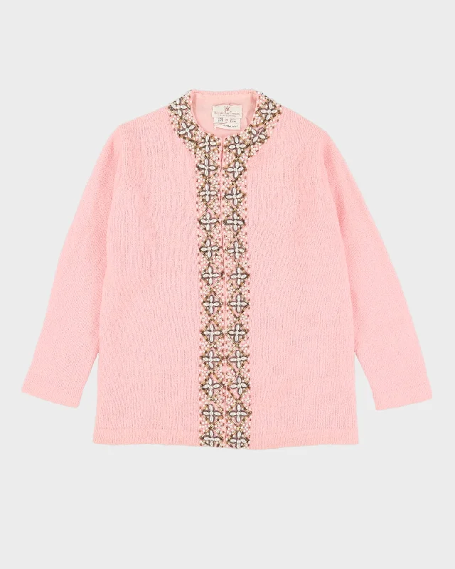 Vintage 60s Hudson's Bay Company Pink Beaded Cardigan - M Houndstooth Herringbone Solid Vintage 60s Hudson's Bay Company Pink Beaded Cardigan - M Houndstooth Herringbone Solid