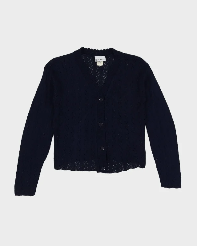 Vintage 80s Navy Button Up Knit Cardigan - S Print Jacquard Patchwork