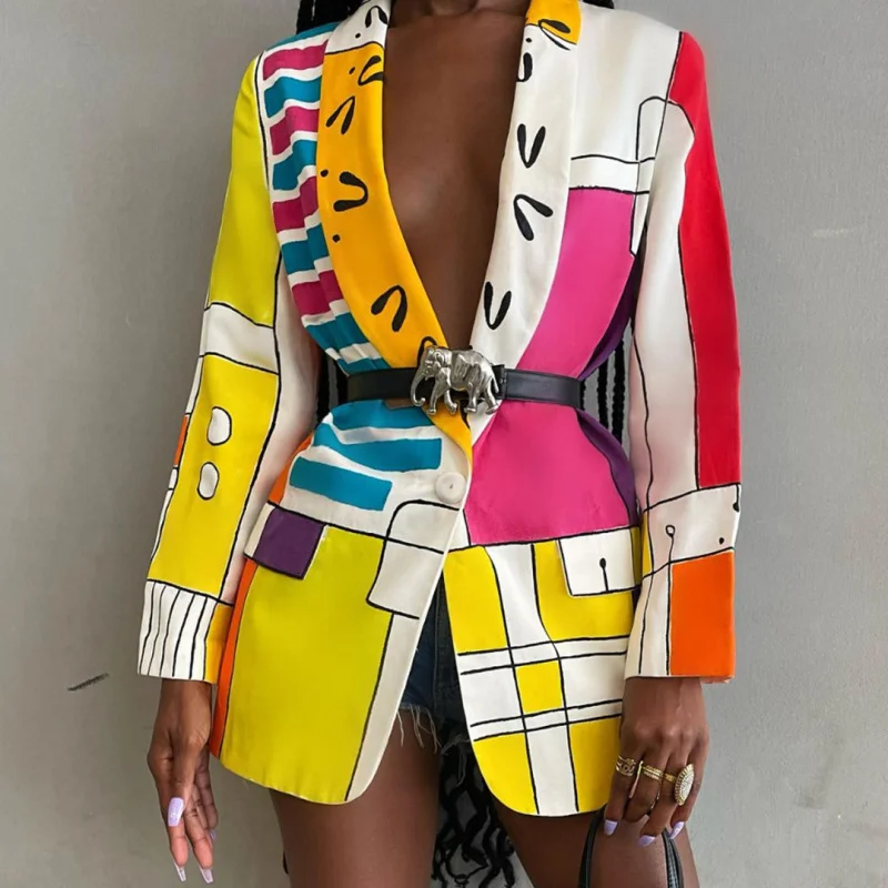 Women Fashion Color Blocking Graphic Print Button Long Sleeve Blazer Women's Handmade Blazer