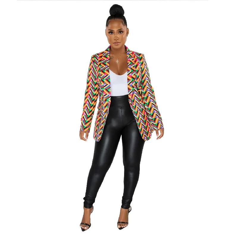 Women Fashion Printing Lapel V-Neck Long-Sleeved Blazer Women's Classic Blazer