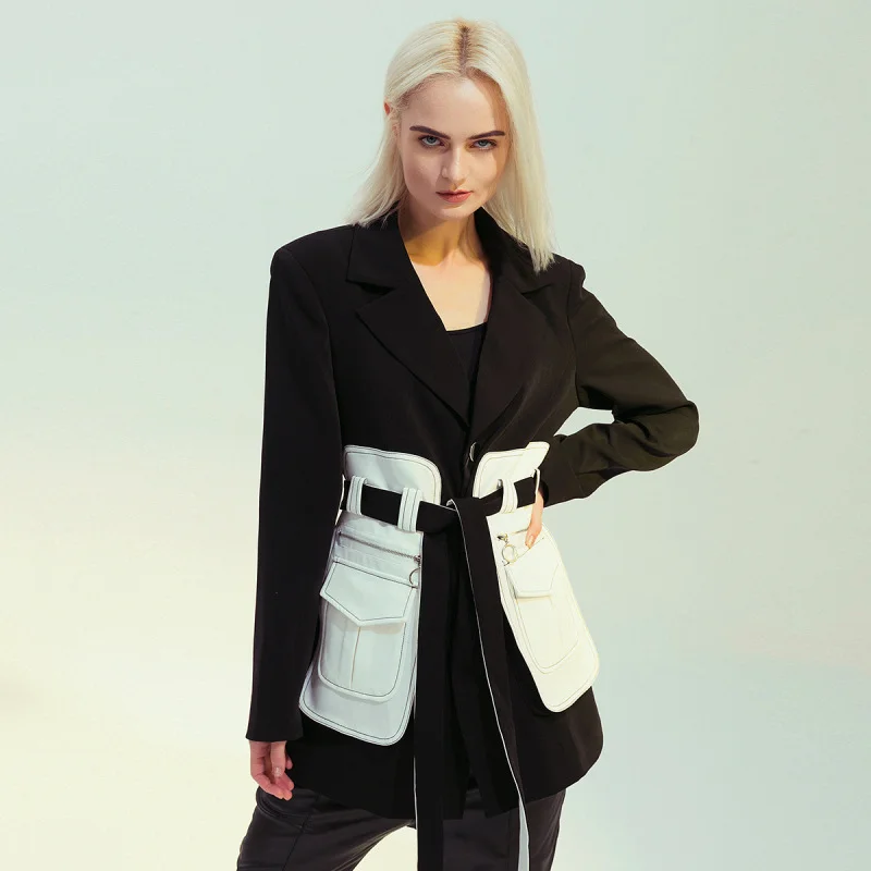 Women Retro Nostalgic Black And White Contrasting Color Waist Mid-Length Blazer Women's Boutique Suit
