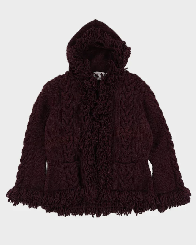 World Folk Art Burgundy Knitted Cardigan - L Chenille Blend Fleece Blend Nylon Blend