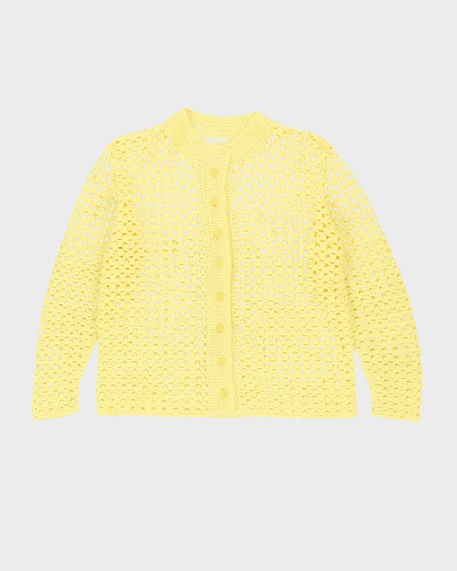 Yellow Lace Crocheted Cardigan - M Lace Blend Ribbed Blend Corduroy Blend