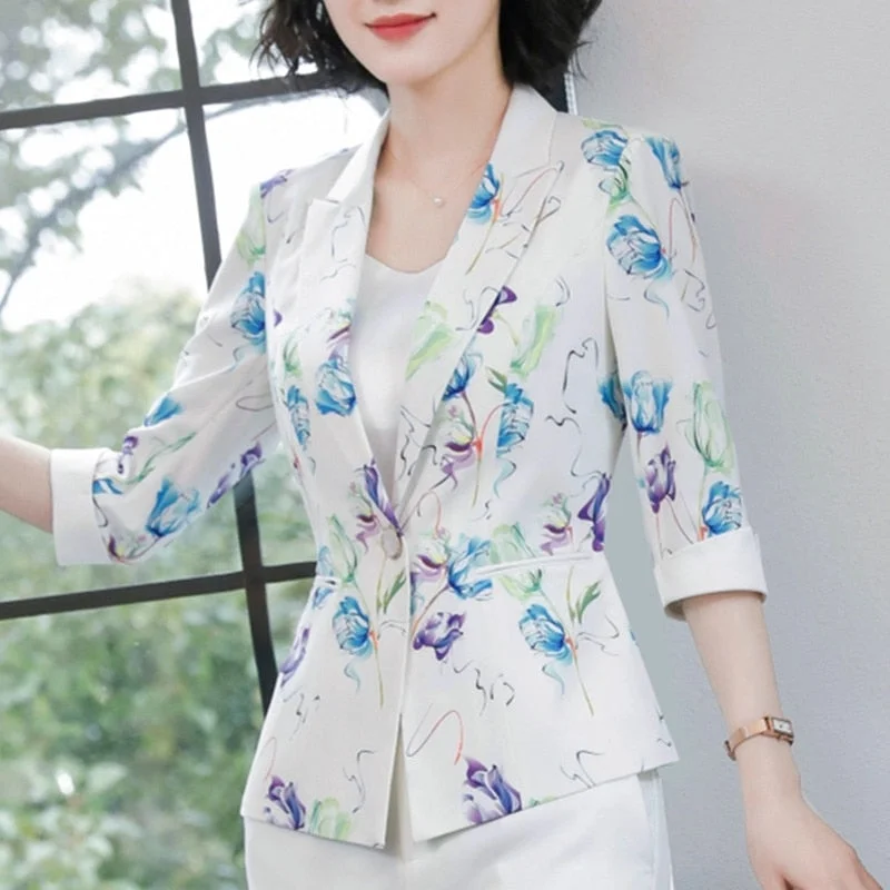 Fashion Casual print  jacket women formal  slim temperament half sleeve blazer office ladies spring autumn plus size coat Fleece Jacket Down Jacket Feather Jacket