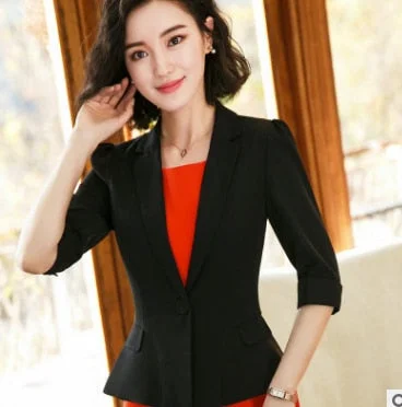 Fashion Half Sleeve blazer women summer spring formal slim jacket coat casual ladies plus size work wear uniform white red Welt Pockets Slit Pockets Flap Pockets