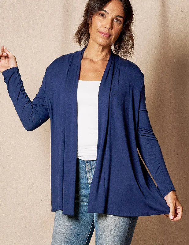 Bamboo Banded Front Cardigan - Navy Toggled Drawstring Belted