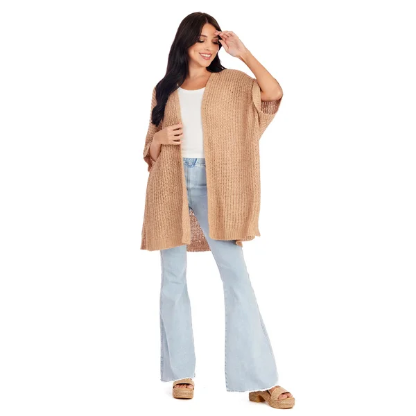 TAN BRYNN CARDIGAN Mesh Fabric Canvas Fabric Denim Fabric