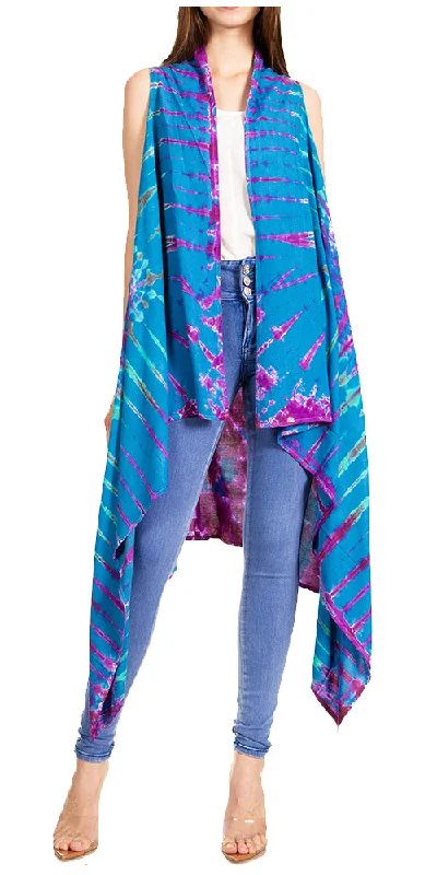 Sakkas Ivana Women's Oversized Draped Open Front Sleeveless Cardigan in Tie Dye Fleece Fabric Down Fabric Feather Fabric