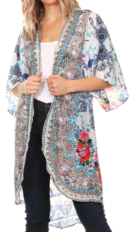 Sakkas Denora Women's Casual Draped Kimono Short Sleeve Boho Open Front Cardigan Nylon Fabric Polyester Fabric Spandex Fabric