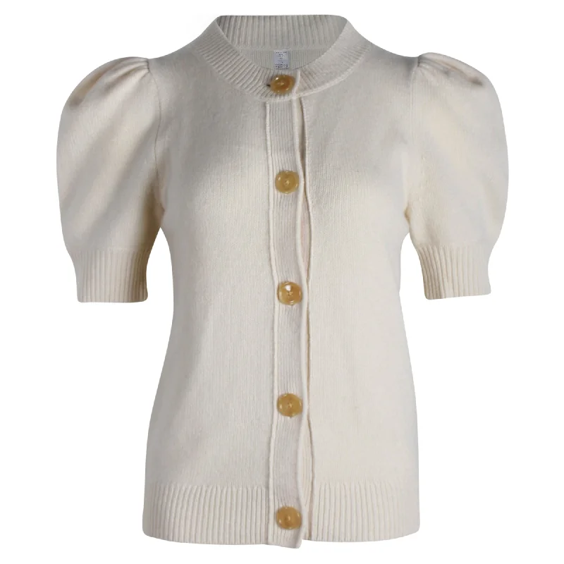 Chloe Iconic Puff-Sleeved Cardigan in Cream Cashmere Silk Blend Satin Velvet