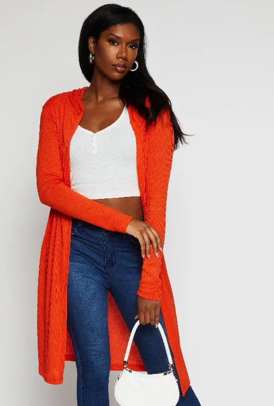 Rib Knit Hooded Long Cardigan Wool Cardigan Cotton Cardigan Cashmere Cardigan
