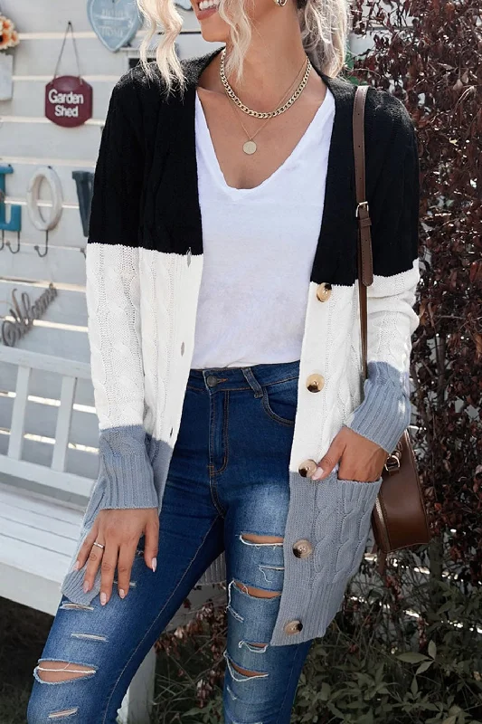 Cozy Cable Knit Button-Front Long Sleeve Cardigan Tailored Straight A-Line