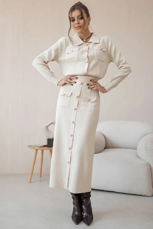 Elegant Patch Pocket Button Up Collared Cardigan Two Piece Midi Dress - Beige Glossy Satin Silk