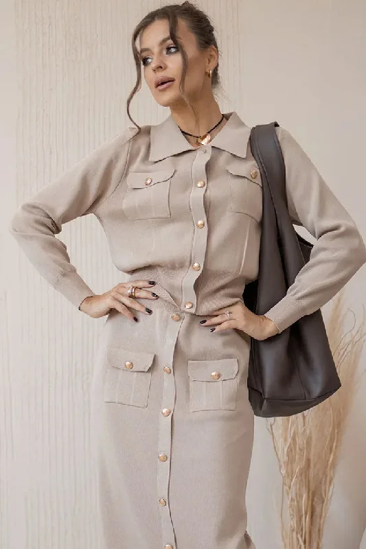 Elegant Patch Pocket Button Up Collared Cardigan Two Piece Midi Dress - Khaki Velvet Chenille Corduroy Elegant Patch Pocket Button Up Collared Cardigan Two Piece Midi Dress - Khaki Velvet Chenille Corduroy