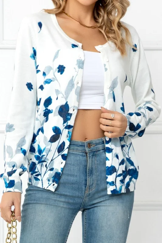 Floral Button Front Round Neck Cardigan Asymmetrical,ymmetric Pencil Cardigan