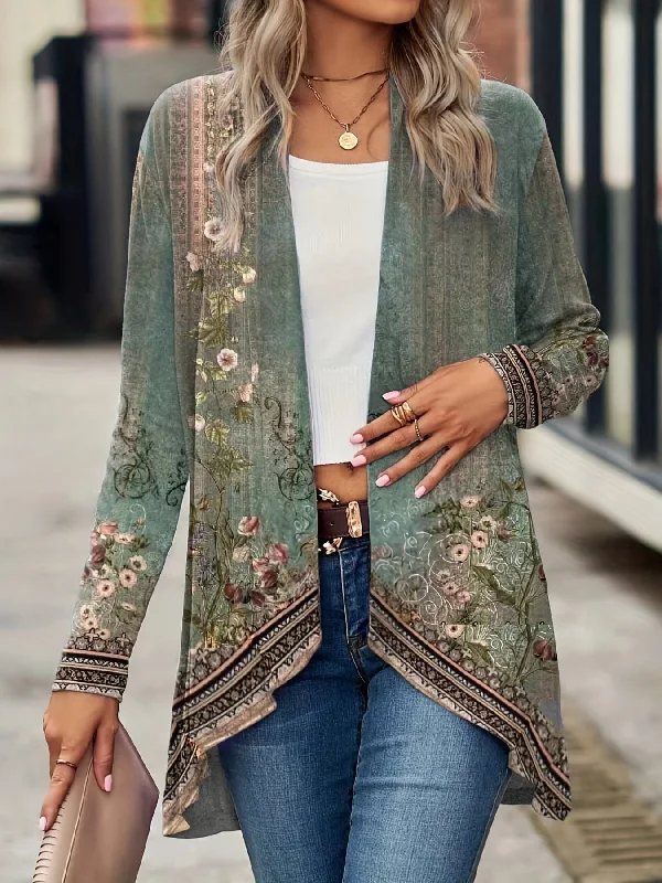 Floral Print Dipped Hem Open Front Long Sleeve Casual Cardigan Front Pockets Side Pockets Patch Pockets Floral Print Dipped Hem Open Front Long Sleeve Casual Cardigan Front Pockets Side Pockets Patch Pockets