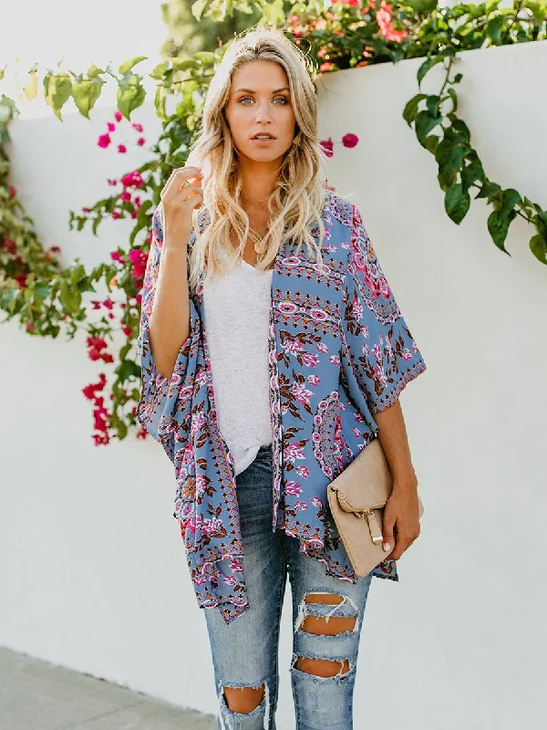 Floral Print Front Open Short Sleeve Cardigan Slim Fit Regular Fit Oversized