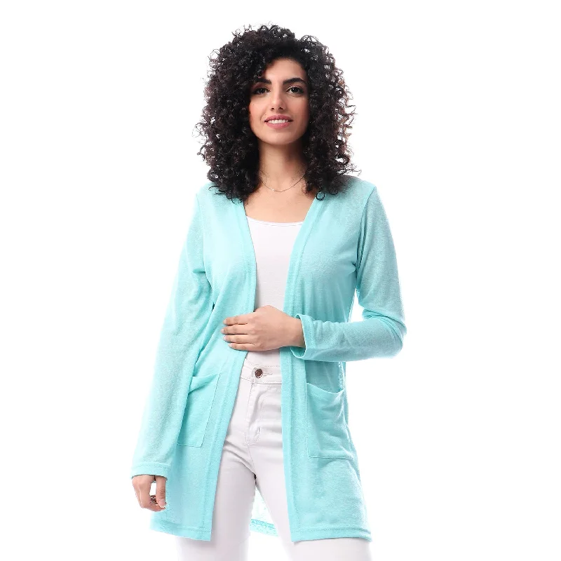 Full Sleeves Knitted Cardigan With Two Pockets - Kady Denim Fabric Leather Fabric Suede Fabric
