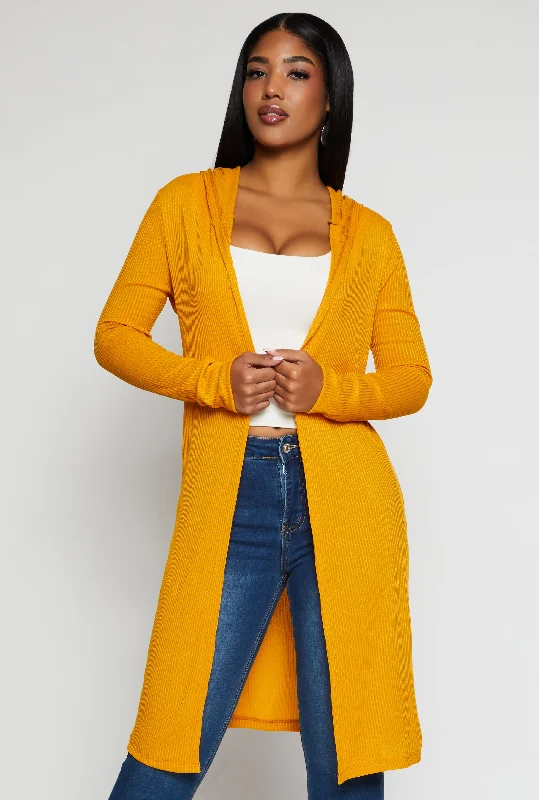 Rib Knit Hooded Long Cardigan Hooded Cardigan Collared Cardigan Shawl Collar