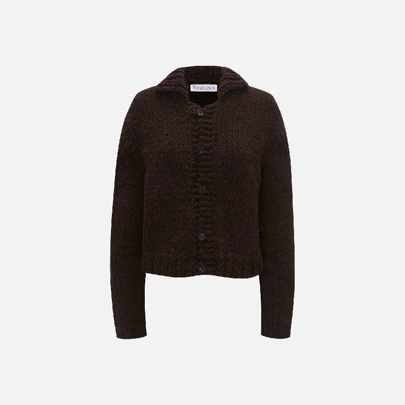 JW Anderson Chenille Cardigan - Chocolate Brown Hooded Cardigan Collared Cardigan Shawl Collar JW Anderson Chenille Cardigan - Chocolate Brown Hooded Cardigan Collared Cardigan Shawl Collar