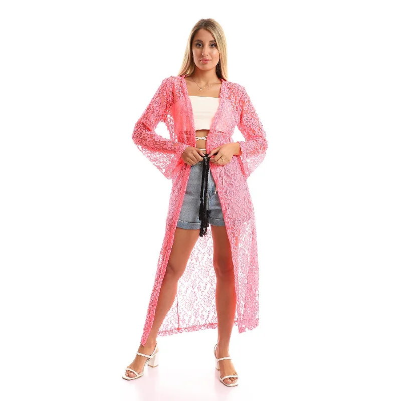 Neon Sheer Lace Slip On Long Cardigan - Kady Polka Dot Checkered Tartan