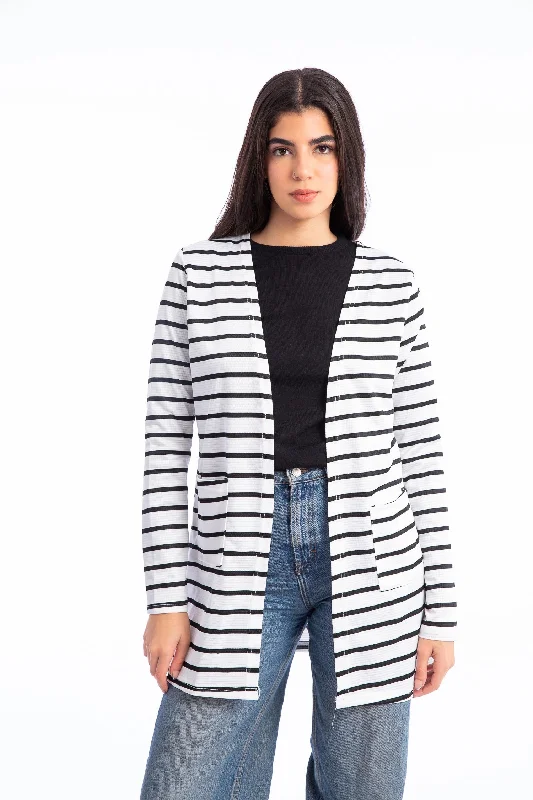 Open Neckline Long Sleeves Cardigan - Kady Ribbed Striped Patterned