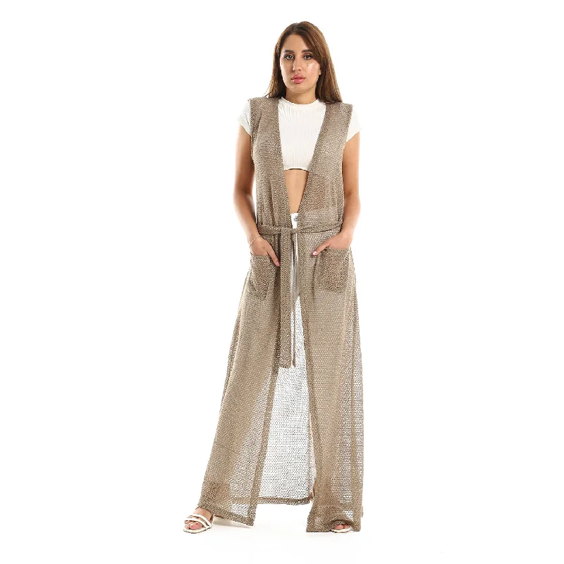 Sleeveles Perforated Long Cardigan - Kady Zippered Front Buttoned Front Snap Front