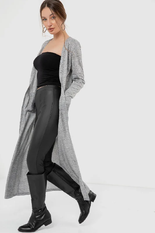Long Sleeves Heather Grey Slip On Long Cardigan - Kady Striped Floral Plaid