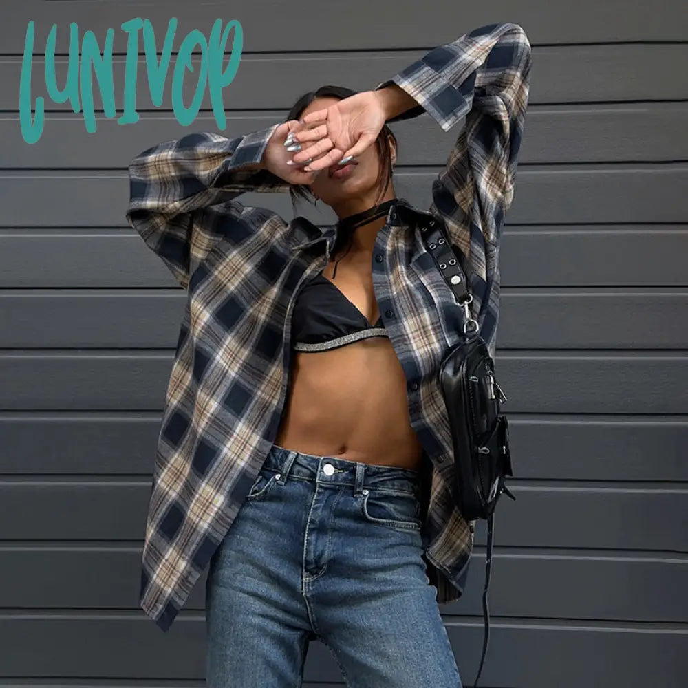 Lunivop hipster Casual Contrast Color Plaid Shirt Women's 2024 Autumn Oversize Loose Mid-Length Cardigan Shirt Crew Neck V-Neck Turtle Neck Lunivop hipster Casual Contrast Color Plaid Shirt Women's 2024 Autumn Oversize Loose Mid-Length Cardigan Shirt Crew Neck V-Neck Turtle Neck