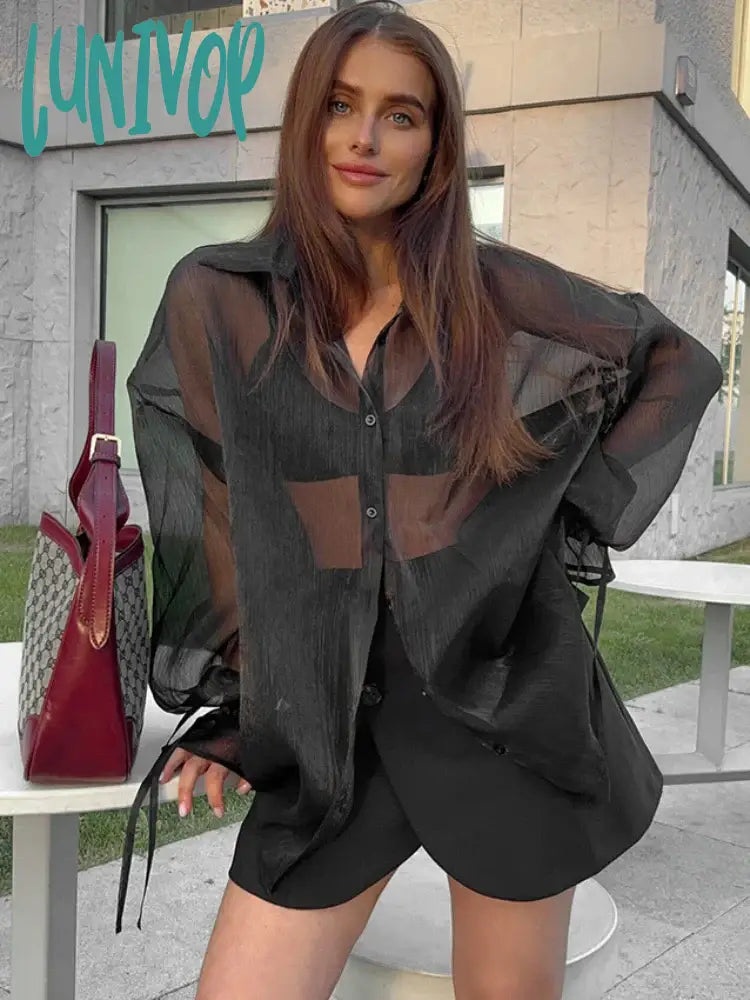 Lunivop See Through Mesh Cardigan For Women Fashion Lace Up Long Sleeve Shirts Female Black Loose Casual Shirt Ladies New Solid Color Striped Floral Print Lunivop See Through Mesh Cardigan For Women Fashion Lace Up Long Sleeve Shirts Female Black Loose Casual Shirt Ladies New Solid Color Striped Floral Print