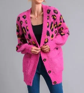 Magenta Animal Sweater Cardigan with Pockets and Button Elasticated Padded Insulated Magenta Animal Sweater Cardigan with Pockets and Button Elasticated Padded Insulated