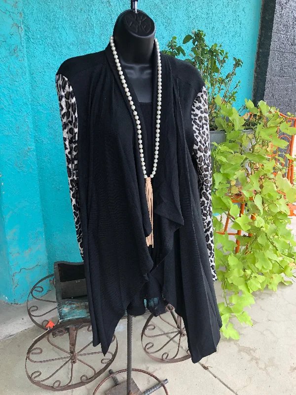 Open Cardigan with Animal Print Sleeves Stylish Fashionable Trendy