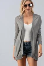 Grey Open Front Drop Shoulder Cardigan Layered Multi-layer Single Layer