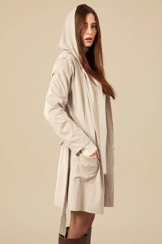 Open Neck Suede Hooded Cardigan (B680) - Kady Welt Pockets Slit Pockets Flap Pockets