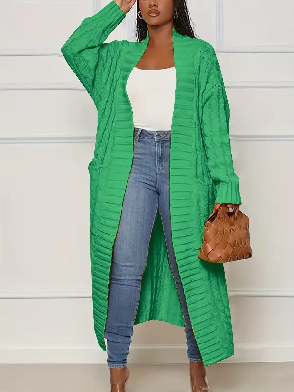 Plus Size Casual Cardigan, Women's Plus Cable Knitted Long Sleeve Open Front Medium Stretch Sweater Cardigan With Pockets Zippered Front Buttoned Front Snap Front Plus Size Casual Cardigan, Women's Plus Cable Knitted Long Sleeve Open Front Medium Stretch Sweater Cardigan With Pockets Zippered Front Buttoned Front Snap Front