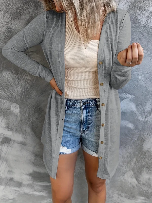 Plus Size Casual Cardigan, Women's Plus Solid Round Neck Button Up Long Sleeve Cardigan Denim Fabric Leather Fabric Suede Fabric Plus Size Casual Cardigan, Women's Plus Solid Round Neck Button Up Long Sleeve Cardigan Denim Fabric Leather Fabric Suede Fabric