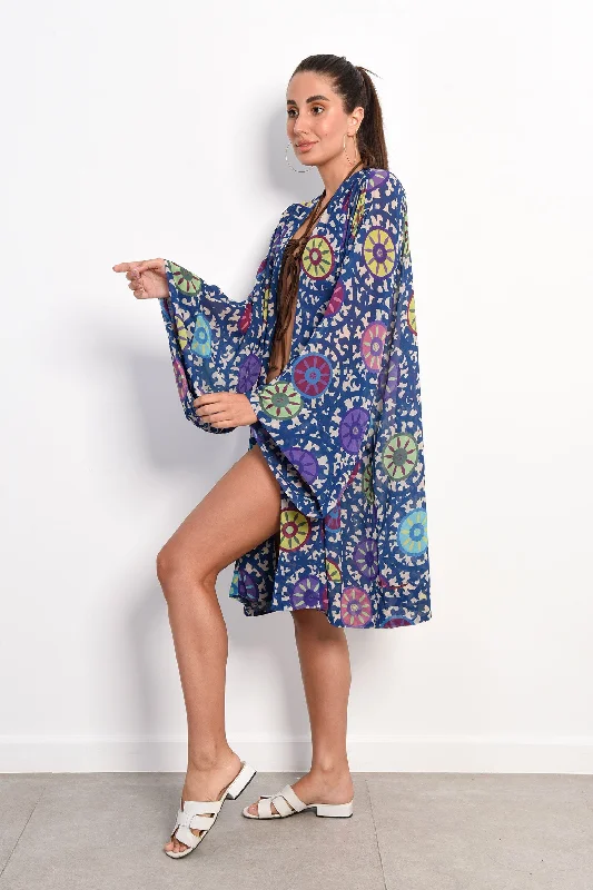 Printed Cardigan - Azul Denim Fabric Leather Fabric Suede Fabric