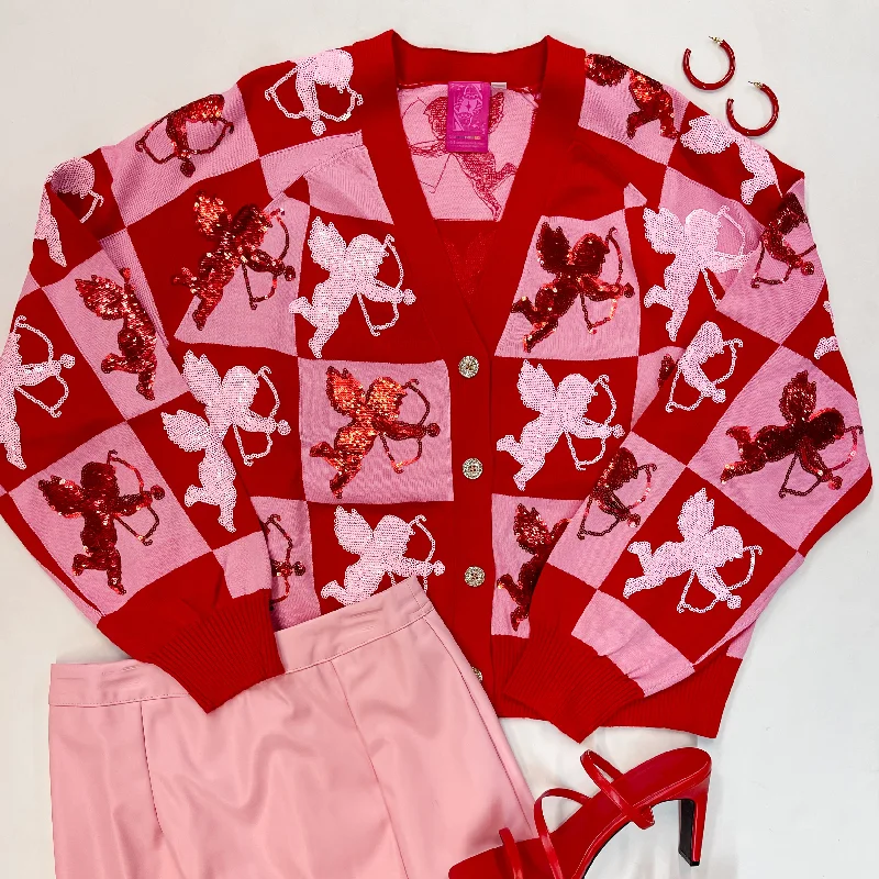 Queen Of Sparkles | Love Struck Fully Sequin Checkered Cardigan in Red and Pink Stretchy Elastic Breathable Queen Of Sparkles | Love Struck Fully Sequin Checkered Cardigan in Red and Pink Stretchy Elastic Breathable