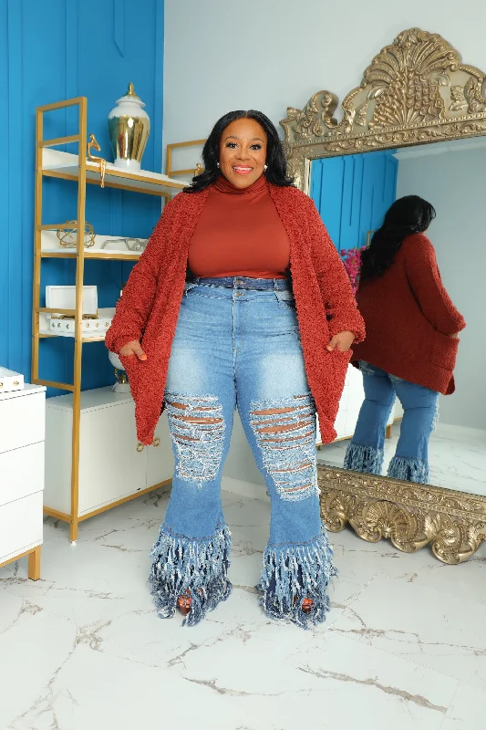 Rust Popcorn Cardigan Fitted Loose Oversized