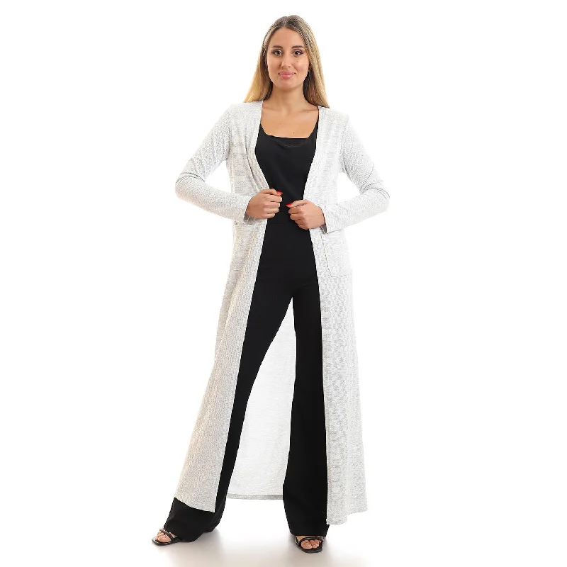 Side Pockets Open Neckline Long Cardigan - Kady Solid Print Embellished